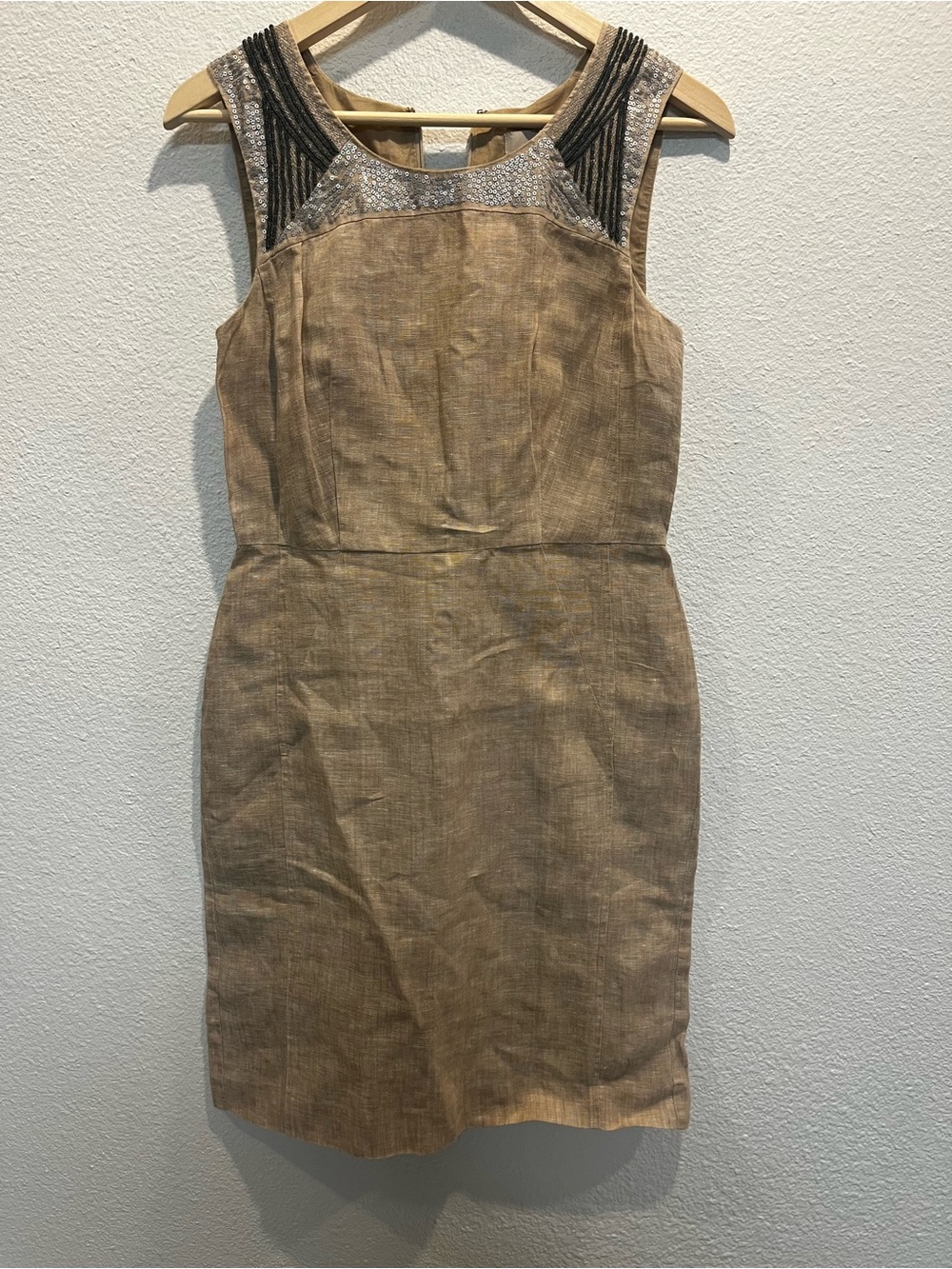 LOFT Beige Metallic Sleeveless Dress with Beaded Trim 100% linen
